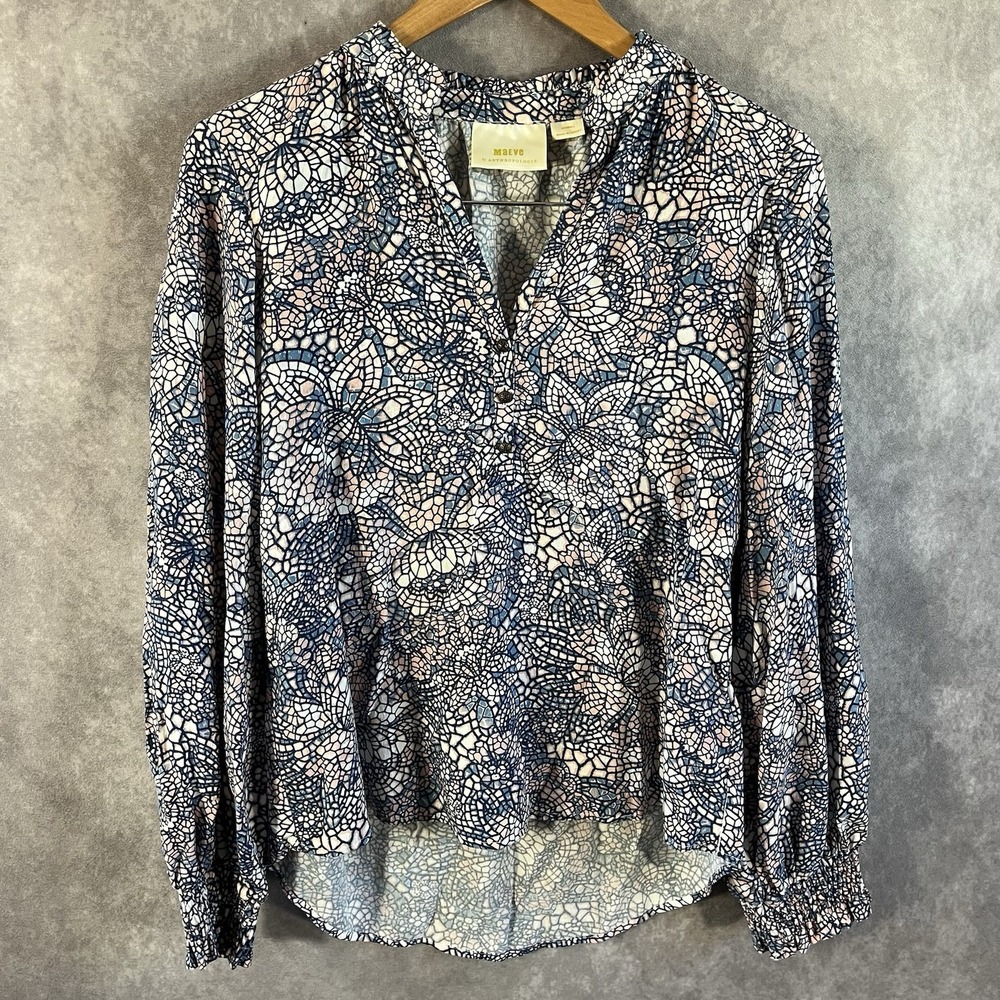 Maeve Anthropologie Blouse Women XXS Blue Pink Mosaic Butterfly Henley Smocked